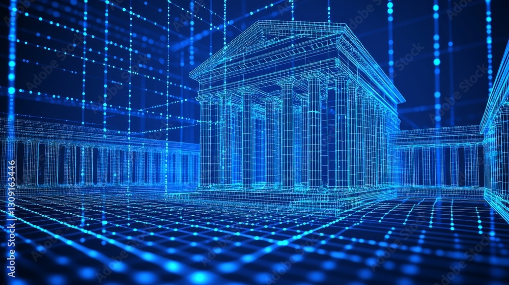 Poster ancient architecture in digital network, blue wireframe building in cyberspace. digital data flow .