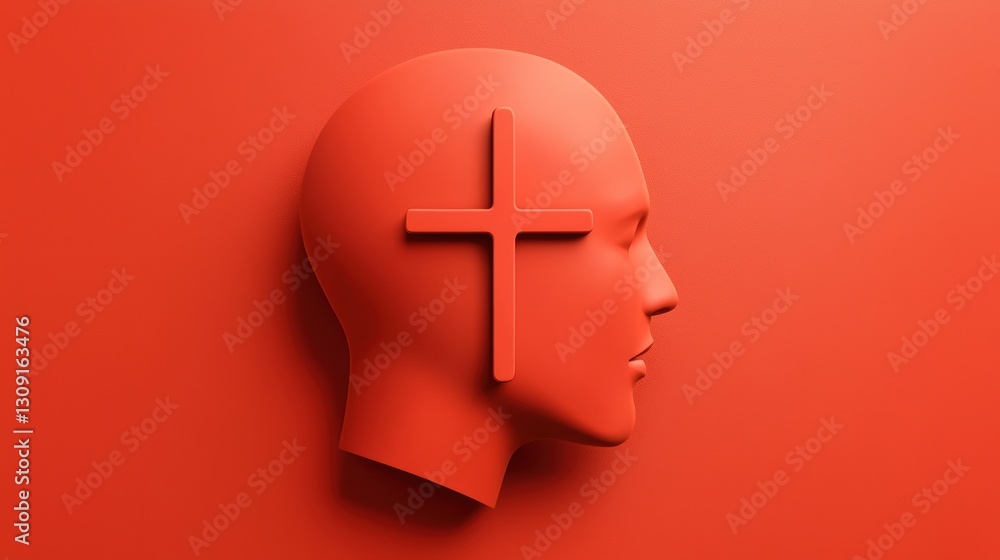 Poster symbolic red cut paper head with cross, a visual representation of sacrifice and vulnerability