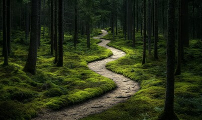 Obraz premium Moss-covered forest path winding through the trees
