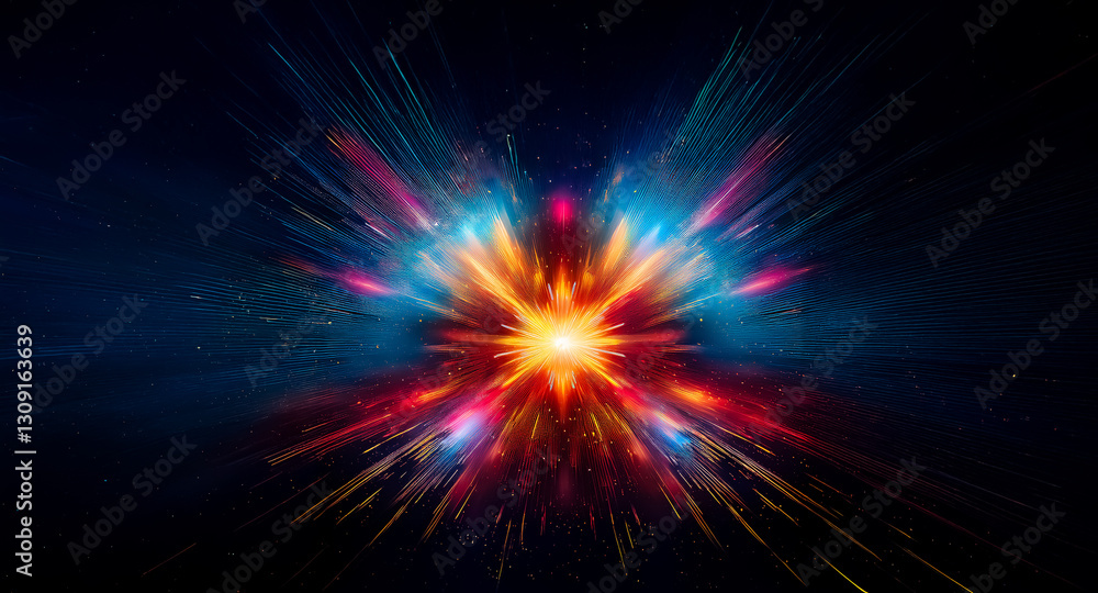 Fototapete vibrant light explodes from the center, radiating outwards in colorful bursts against a dark backdro