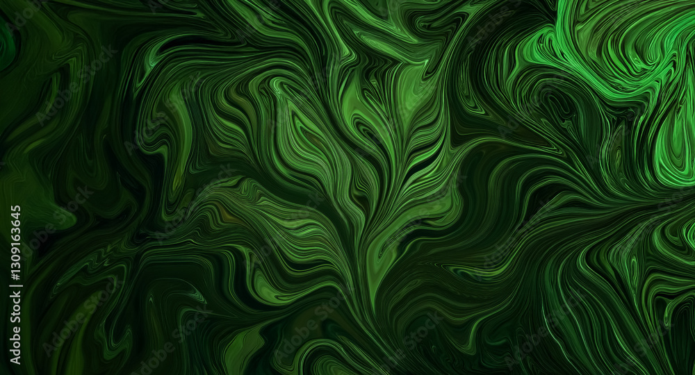 Poster abstract image featuring swirling patterns of vibrant and deep greens on a dark backdrop, reminiscen