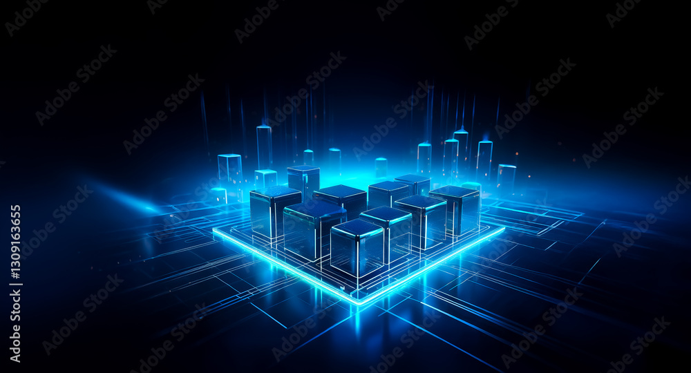 Aufkleber futuristic blue geometric structure glows on a dark background. abstract cubes and lines create a di