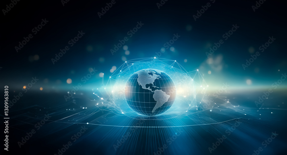 Fototapete a glowing blue globe is encircled by a network of light lines and dots against a dark backdrop, repr