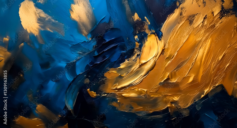 Aufkleber abstract artwork featuring thick, gestural brushstrokes in contrasting gold and deep blue, creating 