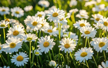 Fototapeta premium Field of daisies under warm spring sunshine