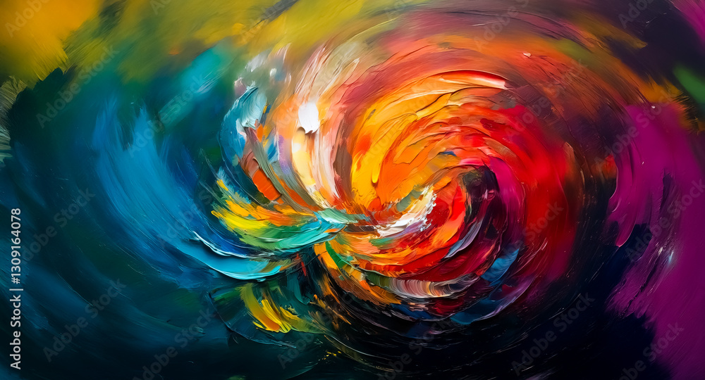 Poster vibrant abstract art with swirling brushstrokes in a circular motion. a dynamic blend of red, orange