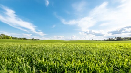 Fototapeta premium Lush green field under a bright blue sky with fluffy white clouds. Rolling hills in the distance.