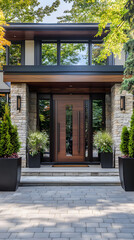 A front door of an upscale modern home with two large planters on either side
