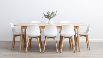 Scandinavian style dining set with wooden table and white chairs in minimalist room