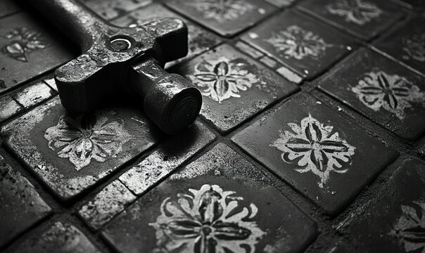 Weathered hammer rests on ornate dark tiles.