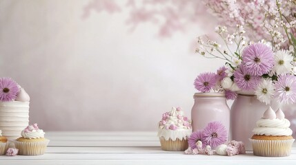 Obraz premium Elegant cupcake and flower arrangement in soft pinks and whites on a wooden table, perfect for celebrations.