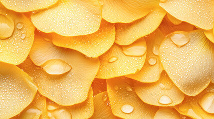 Close-up of yellow rose petals with dew drops