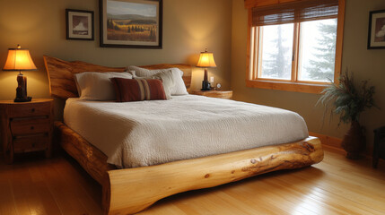 Fototapeta premium Natural wood bed frame with matching wooden furniture in cozy bedroom