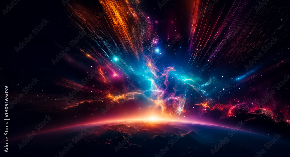 Aufkleber a vibrant cosmic explosion of colorful nebula and stars erupts above a planet's horizon, creating a 