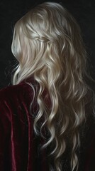 Naklejka premium Mysterious woman with long blonde hair, soft curls cascading over her shoulders, wearing a velvet burgundy cloak, moody lighting and shadows.