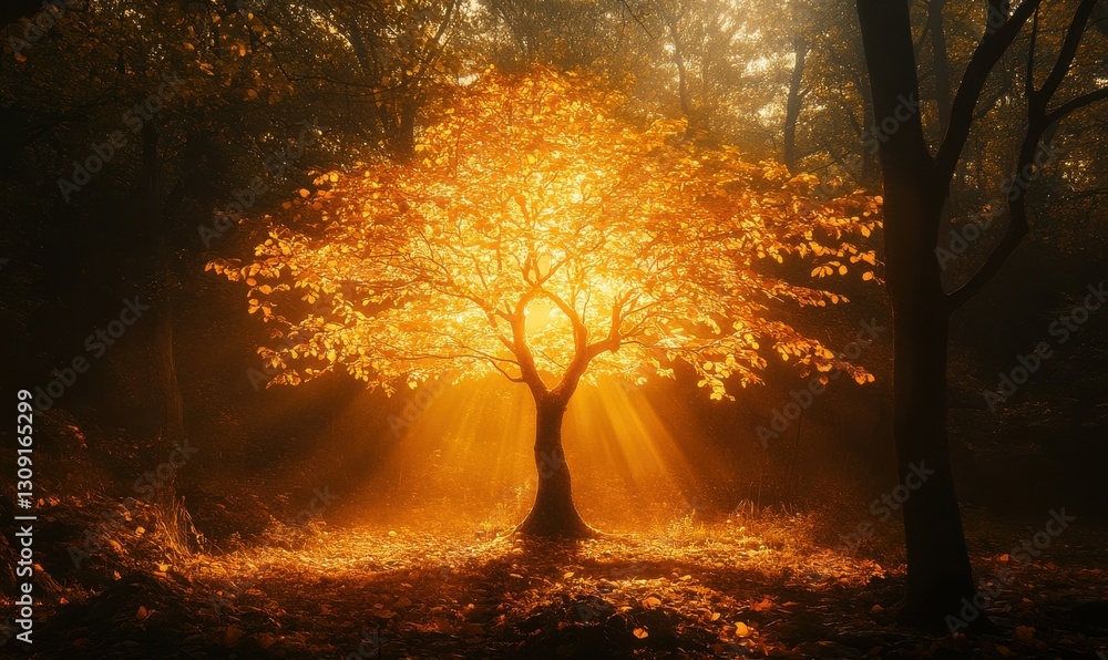 Poster mystical forest with a glowing tree illuminating the surroundings, creating an enchanting atmosphere
