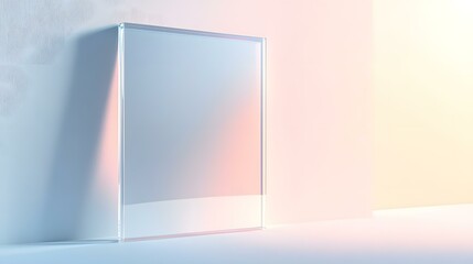 A sleek glass picture frame with a transparent border, standing upright against a smooth gradient background transitioning from pastel white to soft gray on the right, creating a minimalist