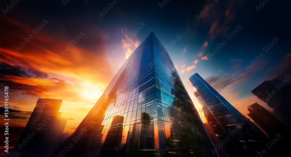 Aufkleber skyscrapers reach towards vibrant sunset sky, illuminated by setting sun. low angle view emphasizes 