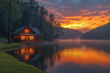 Fototapeta premium Lakeside cabin glows sunset, tranquil scene.