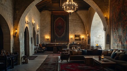 Obraz premium Medieval castle hall interior with lounge, tapestries, and arched windows