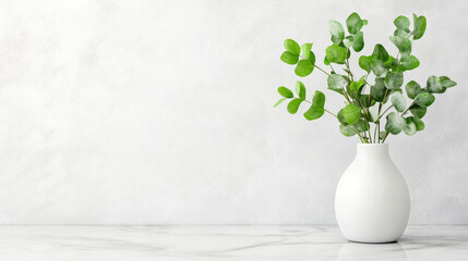 white vase with eucalyptus branches on marble surface against light wall