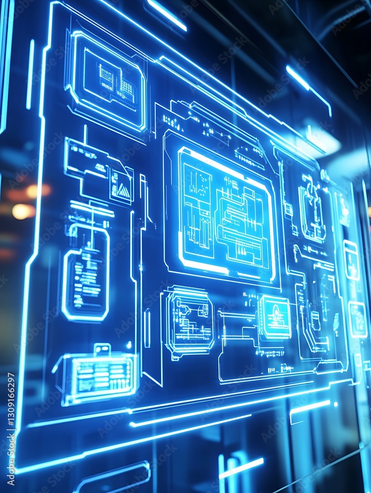 Poster futuristic blueprint interface with glowing blue neon lines display