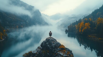 Majestic eagle overlooking misty mountain lake