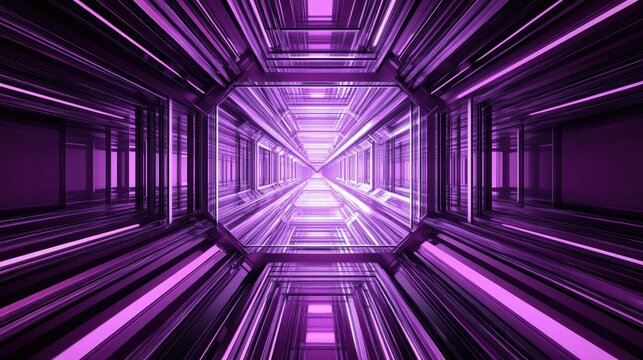 A futuristic purple metal ceiling with geometric patterns and structured lighting.