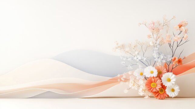 Elegant floral arrangement with soft peach and white hues on an abstract background, perfect for serene decor.