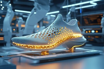 Futuristic sneaker design with glowing features in a high-tech manufacturing environment