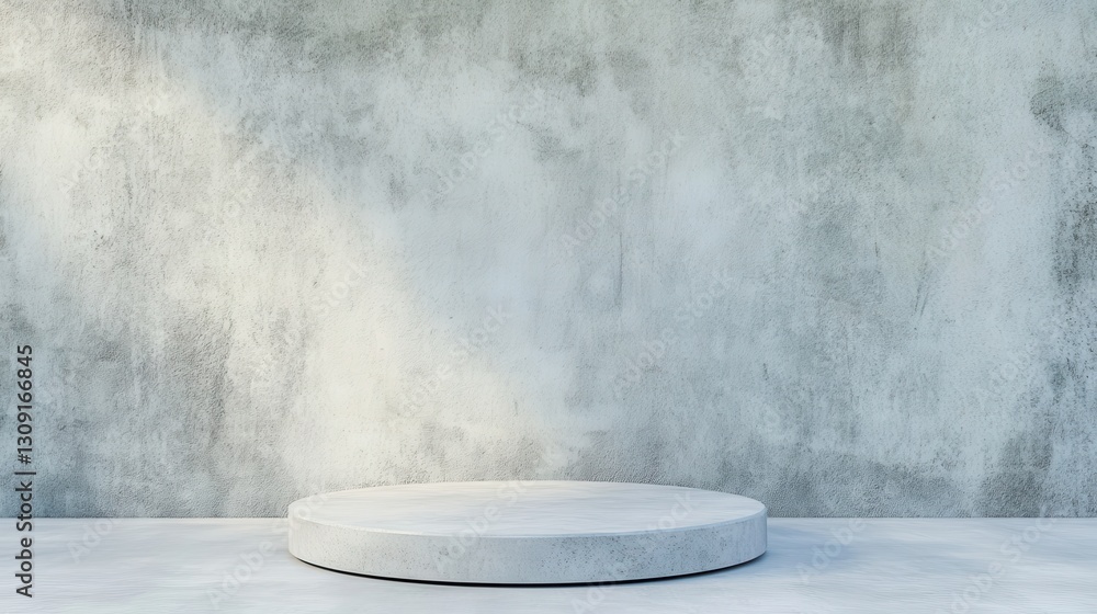 Poster empty round concrete podium on concrete floor against textured wall illuminated by a soft light crea