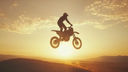 Motocross rider jump sunset landscape