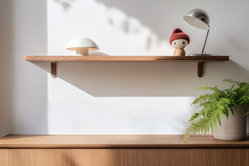 Shelf with decorative items and houseplant.