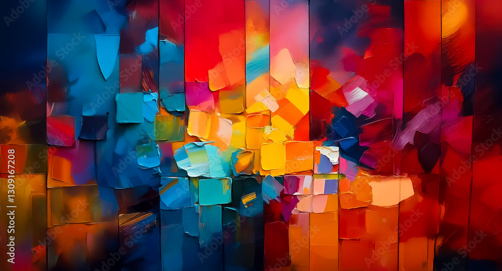 Fototapete Abstract artwork featuring a dynamic blend of vivid colors and textures. Bold brushstrokes form geometric shapes, creating a modern and expressive painting.