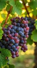 Ripe purple grapes on vine with green leaves in sunlight. Fresh fruit cluster in vineyard. Winemaking concept. Organic agriculture and harvest season background