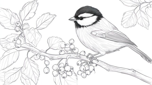 Black and white sketch of chickadee on branch with berries. Possible use educational materials, children's books, or nature posters
