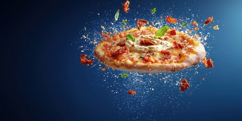 Floating pizza with sun-dried tomato aioli splashes on a deep royal blue background