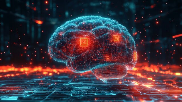 Futuristic digital brain with glowing circuits and binary code on a dark background