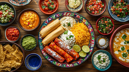 Authentic Mexican Fiesta Food Platter Delicious Enchiladas Tamales Rice and Guacamole for Restaurant Menu or Cookbook