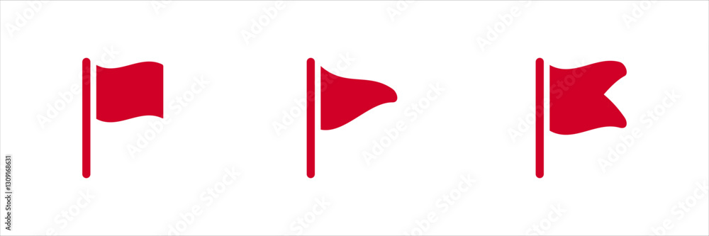 Poster a set of three red flag icons in minimal design, each with a unique shape. perfect for modern, clean