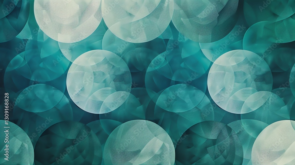 Poster an abstract, digital art piece featuring a pattern of overlapping circles in shades of blue and whit