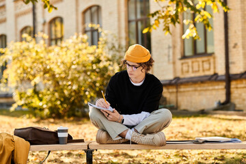 Stylish young man studying outdoors on a sunny autumn day in a university courtyard