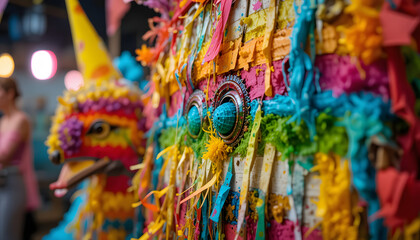 Close up of colorful pinata doll for carnival. A container usually filled with various candies and sweet. 