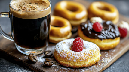 Delicious coffee and assorted donuts on wooden board, perfect for sweet treat