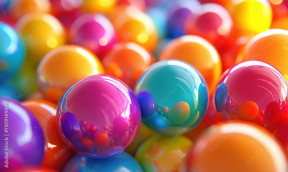Poster abstract 3d composition of spheres and flowing shapes in vibrant colors, illuminated by gradient lig