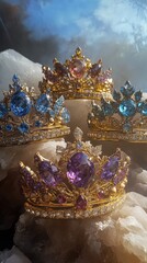 Obraz premium Golden Crowns Adorned With Vibrant Gemstones Resting On Rocks