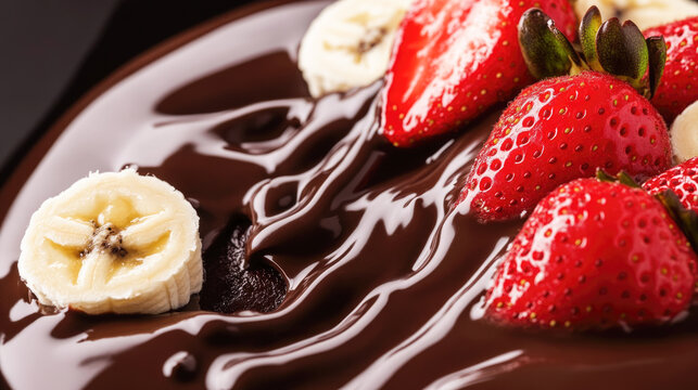 Delicious chocolate covered strawberries and sliced bananas on dessert plate