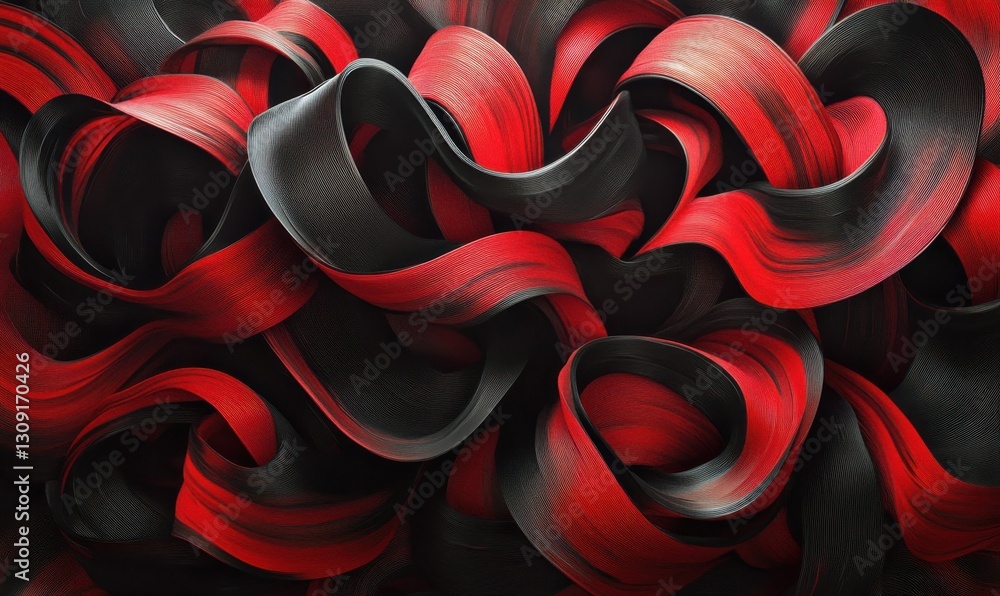 Poster abstract flowing ribbons of red and black swirling seamlessly against a dark background, illuminated