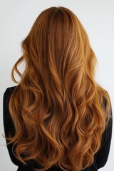 Fototapeta premium Beautiful woman with long brown-copper hair, seen from the back. The hair is styled in big loose waves and has a shiny glossy look with a light honey blonde.