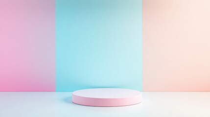 Pastel hued cylindrical pedestal resting on white floor, framed by soft pink, blue, and orange gradient background, highlighting minimal product display environment